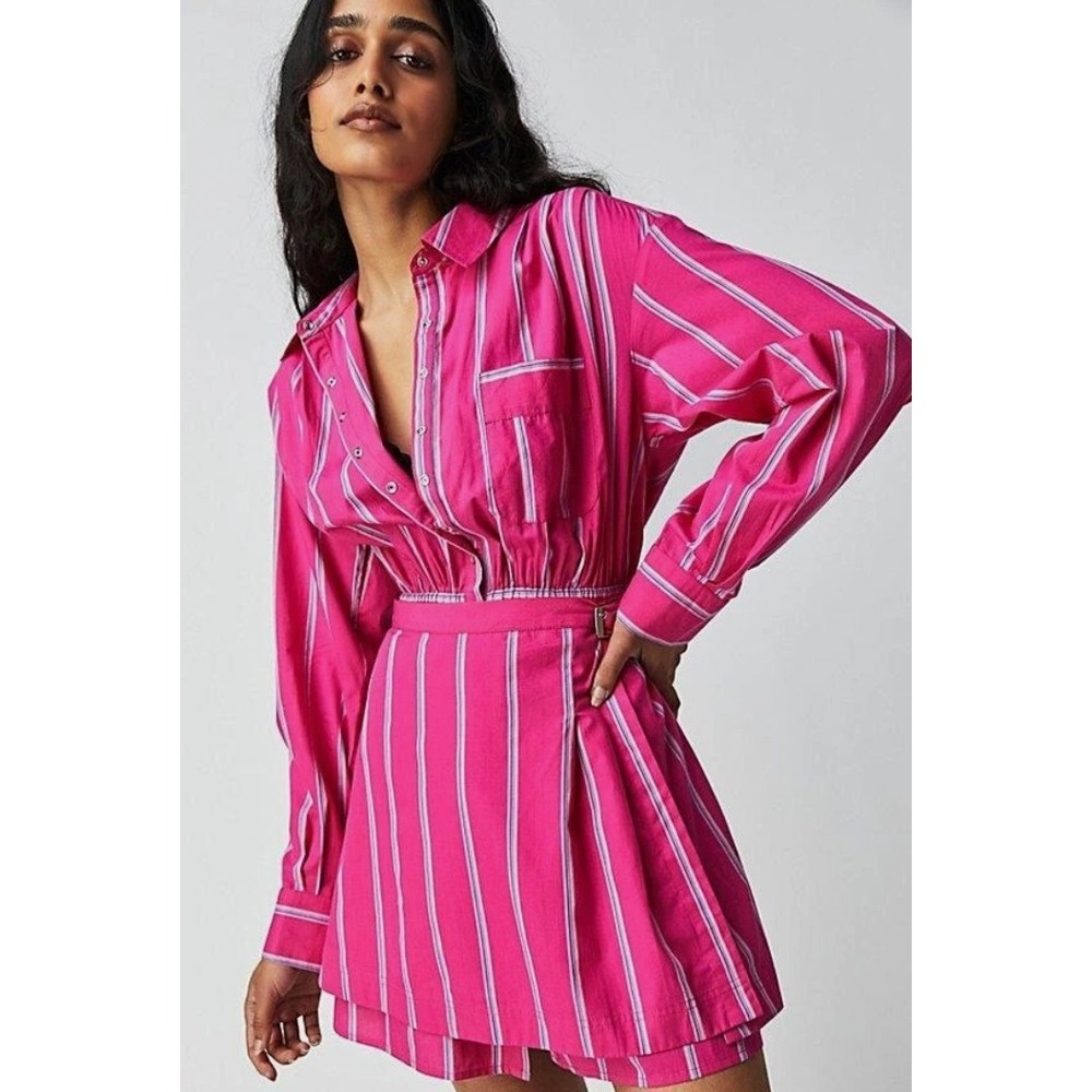 Striped Hot Pink Shirt Dress with Elastic Waist